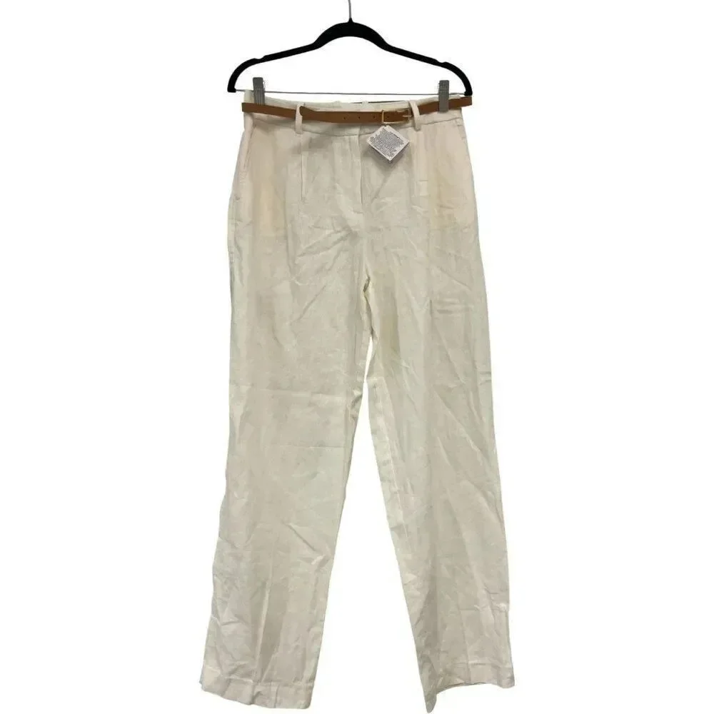 Zara Womens Pants S Small Linen Ivory Straight Leg Belted Trousers 8343/939 NWT